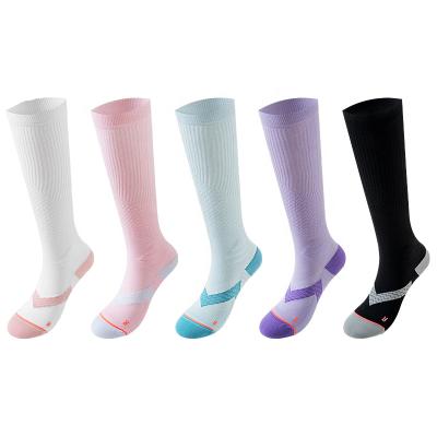 China Breathable Colorful High-Knee Athletic Compression Socks Men Women Multi-Function Fun Tennis Football Cheerleading Seamless Design for sale