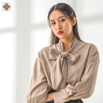 China Breathable 2022 OEM ODM Eco-friendly Women Wide Shirt with Bow Tie Blouse Women for sale