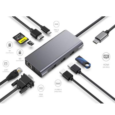 China Charging+Data Transfer+Video Output 9 in 1 Multi Function USB Hub Adapter USB-C 3.0 Aluminum PD Charging 3 Type Ethernet UsbC Hub Usb Hub .0 of c for sale