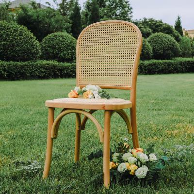 China Modern Natural Color Rattan Back Chair Vintage Color Wooden Cross Stackable Wedding Back Chair for sale