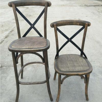 China Rustic Antique Black Wash Rattan Solid Wood Cross Seat Back Chair For Dining Chair for sale