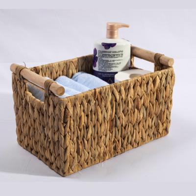 China HBK Sustainable Wooden Handle Magazine Log Water Hyacinth Rattan Storage Basket for Kitchen and Classroom for sale