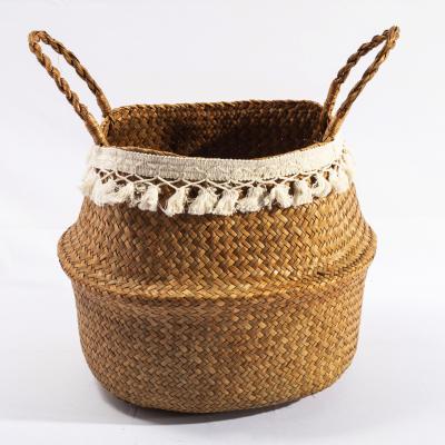 Cina Storage/variety sizes flower pot HBK folding vegetable plankton nature rattan laundry belly basket with handle and unilaminar macrame in vendita