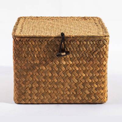 Cina HBK Viable Handmade Straw Water Hyacinth Rectangular Vegetable Plankton Hanging Organizer Woven Nested Basket with Lids and Straps in vendita