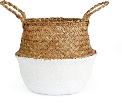 China Large Capacity Rattan Viable Baskrt Woven Plant Plankton Belly Basket For Storage Laundry Picnic Plant Pot Cover & Grocery & Toy Storage for sale