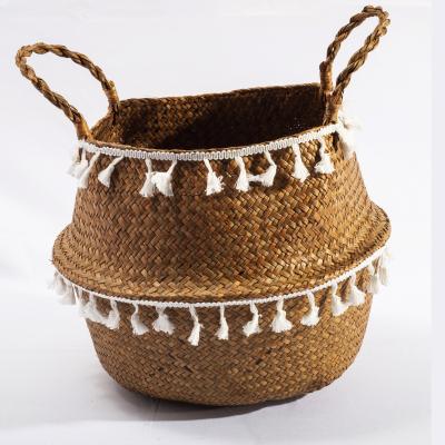 China HBK Plant Plankton Laundry Rattan Double Layer Tassel Lace Storage Viable Foldable Belly Basket for Clothes and Flower for sale