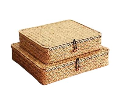 China Sustainable Natural Plant Plankton Straw Handmade Rattan Small Large Basket Boxes Universal Home Organizer Storage Bins Boxes With Lid for sale