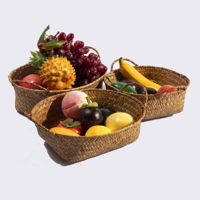 China HBK Sustainable Three Piece Set Oval Natural Vegetable Plankton Woven Fruit Egg Storage Basket With Iron Handle for sale