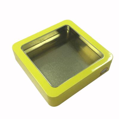 China Recycled Materials Yellow Color 17X17X4cm Square Window Tin Box For Barkey Use With Window for sale