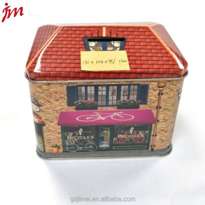 China Saving Rectangular Money Jar House Shape Coin Money Tin Box For Money Saving for sale