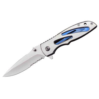 China New High Quality Metal Brushed Pattern Non-variable Serrated Blue Blade Self Defense Folding Knife for sale