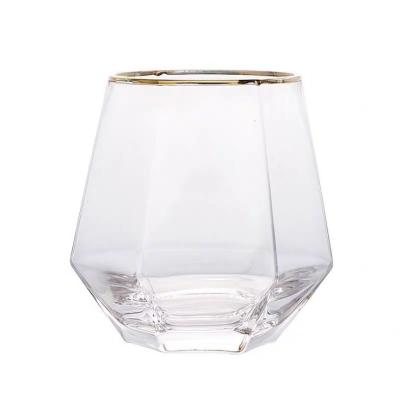 China Modern Colorful Handmade Diamond Thick Bottom Crystal Gold rimmed Pentagon whiskey glass for bar for sale