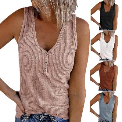 China 2021 New Women's Summer Wish Amazon D1768 T-shirt Sleeveless Tops Solid Color Breathable V-Neck Vest Button for sale