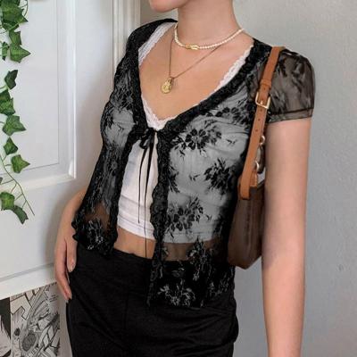 China 2021 New Arrivals Breathable Lace Up Mesh Cardigan T-shirt Crop Sexy Cropped Sheath Tops For Ladies Y1542 for sale