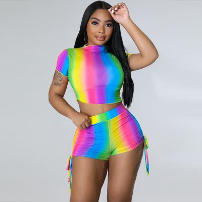 China M7484 breathable new 2022 summer T-shirt round neck rainbow gradient striped print sexy cropped navel shorts women's two-piece clothing for sale