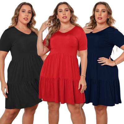 China 2022 Summer A854 New Breathable Fashion Solid Color Casual Short Sleeve V-neck Loose Pleated Plus Size Dress Women's Clothing for sale