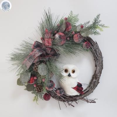 China Indoor Natural Handmade Christmas Stage Wall Decoration Twig Wreath with White Owl and Pine Tree Deceration for sale