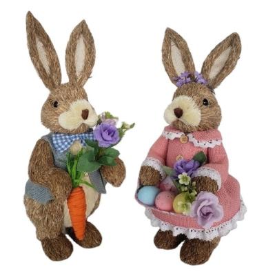 China Artificial Easter Grass Bunny Decoration Boy and Girl Bunny with Carrot and Eggs 2 asst for sale