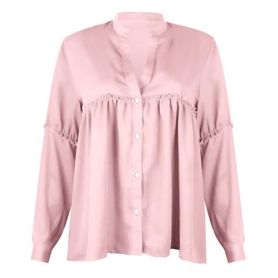 China Anti-pilling 2021 Spring/Summer V-Neck Long Sleeve Pure Color Chiffon Breathable And Soft Shirt For Women for sale