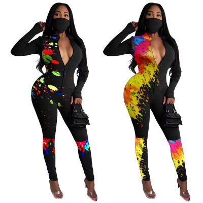 China Foma QUICK DRY BN7112 tie dye one piece 2021 new arrival casual tight v-neck for women long sleeve jumpsuit for sale