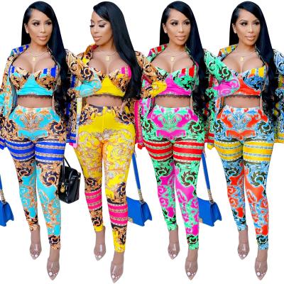 China 2022 New Arrivals QUICK DRY Spring Fashion Digital Printing 3 Piece Set Women's Cardigan And Long Pants Fall Sets for sale