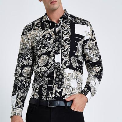 China Baroque Men's Slim Fit Shirts Skin Print Anti-pilling Men's Clothing Black Mixed Fit Shirts Casual Slim Fit Shirts for sale