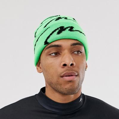 China Custom Lightweight 100% Soft Touch Knitted Acrylic Beanie Winter Hats COMMON with All Over Print in Neon Green for sale