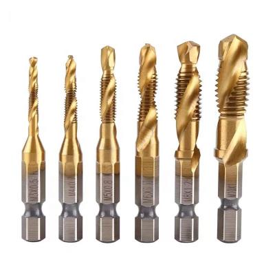 China Steel 6Pcs HSS 4341 metric 1/4'' Hex Titanium plating M3 M4 M5 M6 M8 M10 combination screw tap Drill Bit set for Metal Drilling for sale