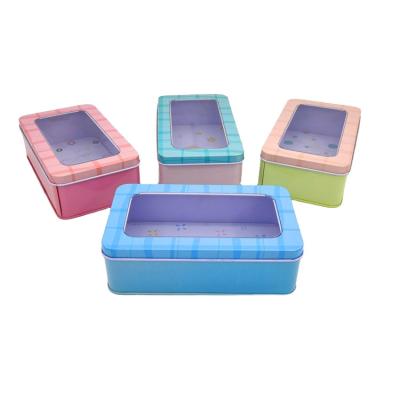 China New Stain Gift Box Recyclable Tinplate 23 Wire Rectangular Jewelry Package Box Printing Metal Box With Window for sale