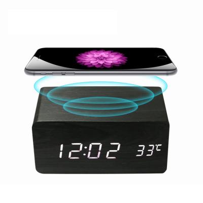 China Fantastic wooden calendars LED alarm clock with wireless charging for sale