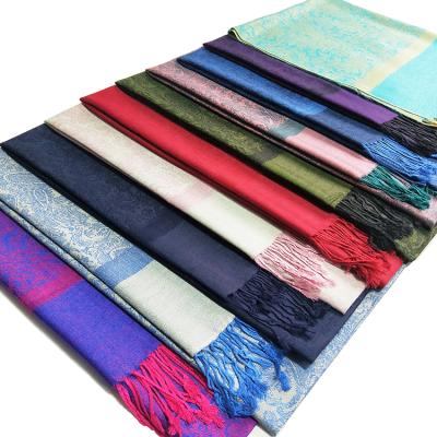 China Two Tone Vintage Jacquard Reversible Paisley Pashmina Shawl Wrap Soft Viscous Silky Scarf for sale