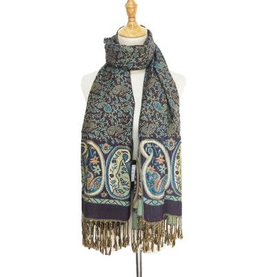 China Polyester Silk Pashmina Paisley Border Pattern With Tassel Fringe Thin Scarf Shawl Stole Praise Gift For Women Autumn Winter Spring for sale