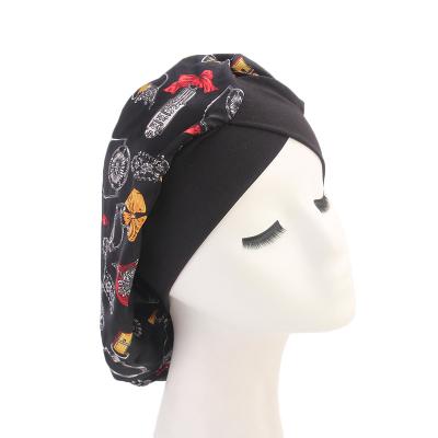 China Dobby Women Satin Cowl Sleep Hat Elastic Adjust Soft Hair Loss Hat Printing Turban Wrap for sale