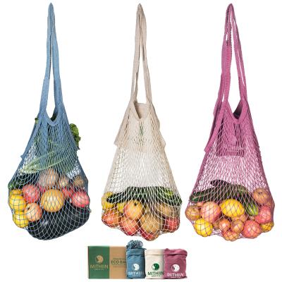 China Durable Mesh Grocery Bag Premium Reusable Net Shopping Bag for Fruits and Vegetables Organic Cotton String Bag (Beige, Pink, Blue) for sale