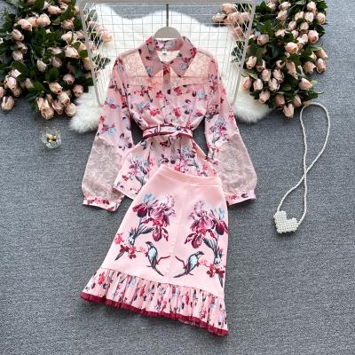 China Fashion Ruffle Stand Collar Rose Print Dress Anti-Shrink Patchwork Soft Lace Floral Long Sleeve Ruffle Print for sale