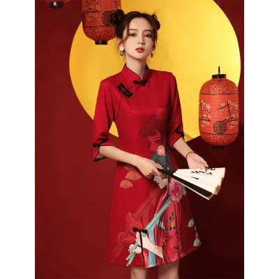 China Sexy Elegant Loose Orange China Red Women Summer Fashion Solid Color Dresses Girl Anti-Static Qipao Stretching Cheongsam Qipao for sale