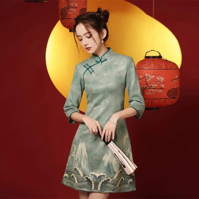 China Chinatown Embroidery Fashion Anti-Static Chinese Ancient Delicate Women Dresses Tight Women's Clothing Solid Color Dresses for sale