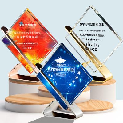 China Europe Factory Wholesale Red Blue Color printing company Customized 3d Glass Plaque Crystal Trophy for sale