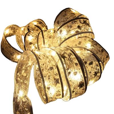 China Christmas Tree Glowing Ribbon Light 10M Copper Silver Golden Double Satin Leaf party decoration Glowing Bows christmas tree led light glowing ribbon for sale