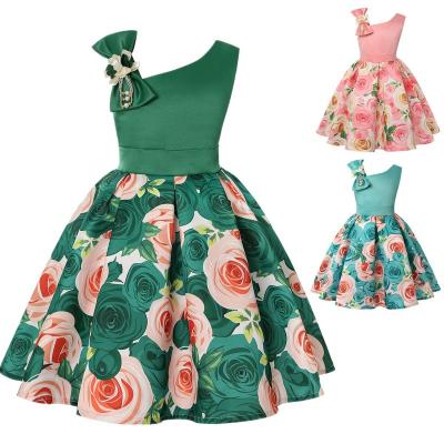 China Princess Design Kids Slant Shoulder Floral Print Fancy Dress Birthday Party Dresses 2 to 10 Years for sale