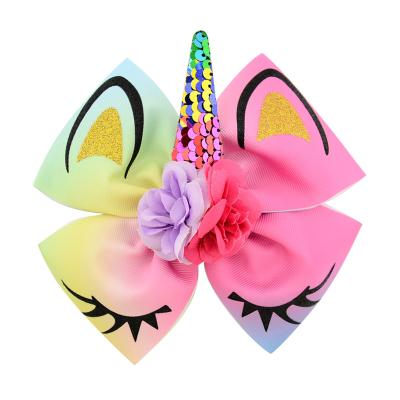 China Hot Stamping Bow Unicorn Hair Sweet Handmade Glitter Ribbon Clips For Girls for sale