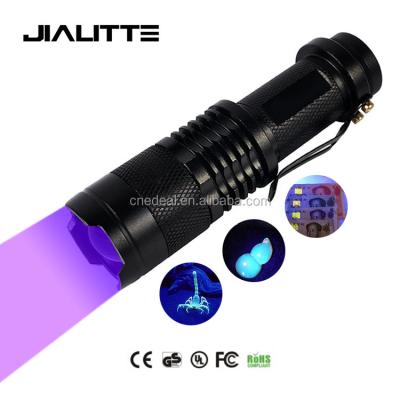 China Jialitte Adjustable Rechargeable Purple 365nm UV Light LED Flashlight Manufacturer In China F035 for sale