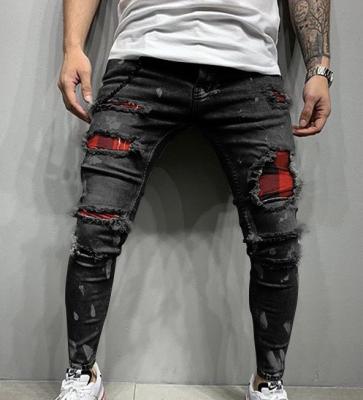 China Viable Wholesale Custom Mens Skinny Jeans Pants Patchwork Painting Long Ripped Jeans Pants for sale