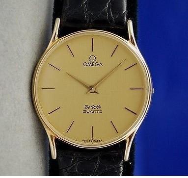 China Mens Gents OMEGA DeVille SOLID 14K Gold Watch on Black Leather Strap Gold Dial for sale