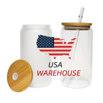 China USA Warehouse Sustainable Sublimation Frosted 16oz Coffee Glass Bamboo Tumbler Lid With Clear Straw Cola Soda Shaped Mugs Beer Can Glass for sale