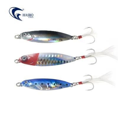 China Lead Fishing Alloy Curved 10g 15g 20g Metal Sequin Bait Jig Iron Jig Slow Bait Saltwater Jig Bait With Feathers Fishing Lures PESCA for sale