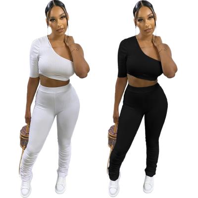 China Anti-pilling Customize Shoulder Joggers Summer One 2 Piece Crop Top Two Piece Stacked Pants Sets Comfortable Cotton 2022 Workout Women's 2 Piece Set for sale