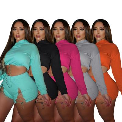 China 2022 Wholesale Custom Logo Women Solid Color Long Sleeve Crop Summer Breathable Bandage Top Sports Shorts Two Piece Short Sweatshirt Set for sale