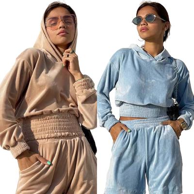 China 2022 New Wholesale Fashion Breathable Women Slim Solid Color Long Sleeve 2 Piece Tops And Shorts Set Hooded Two Piece Sports Suit Short Set for sale