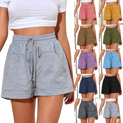 China 2022 Hot Sale Anti-Wrinkle Solid Elastic High Waist Sports Gym Fitness Shorts Curving Casual Outdoor Jogging Shorts Women Pocket Big Size Shorts for sale